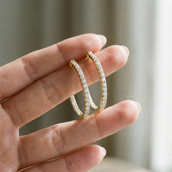 Yellow gold Round Diamond Pave Hoop Earrings with Channel Setting