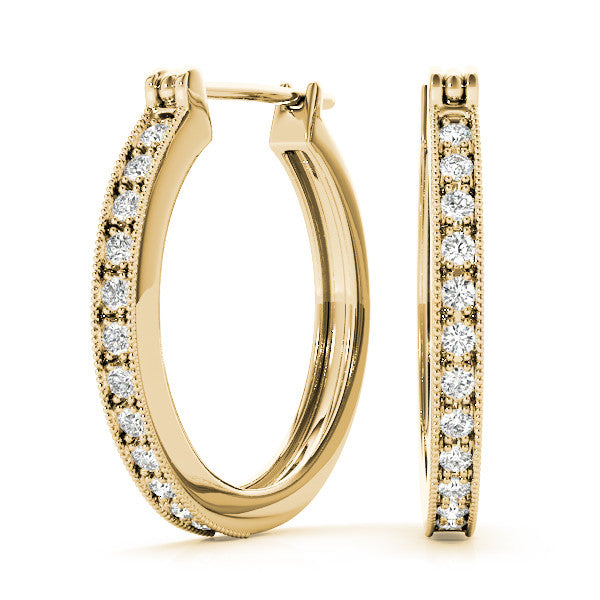 Yellow gold Round Diamond Pave Hoop Earrings with Milgrain Edge