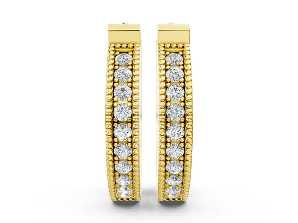 Yellow Gold Round Laboratory-Grown Diamond Vintage Pave Hoop Earrings with Milgrain Edge
