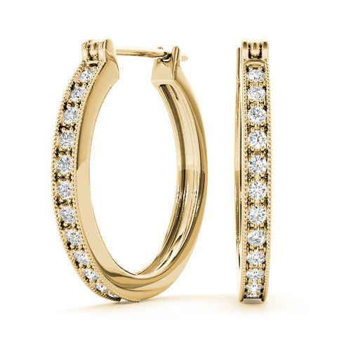Yellow gold Round Diamond Pave Hoop Earrings with Milgrain Edge