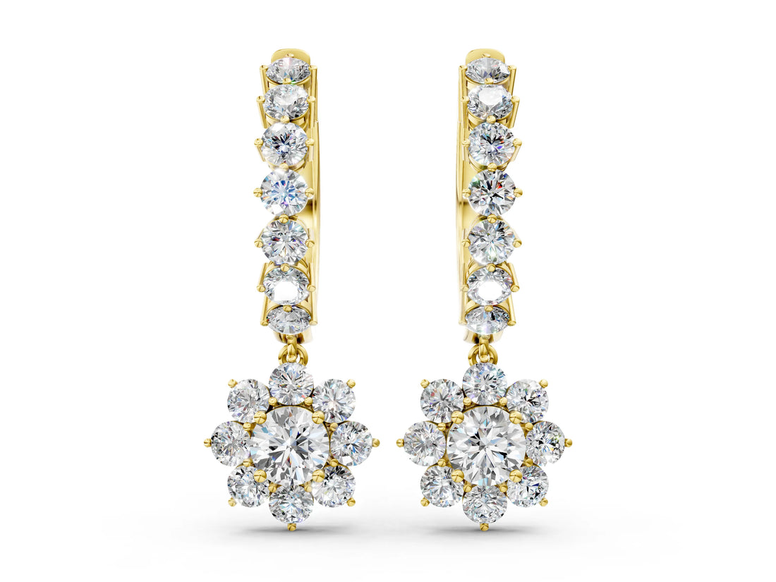 Yellow gold Round Diamond Petite Hoop Earrings with Sunflower Drop