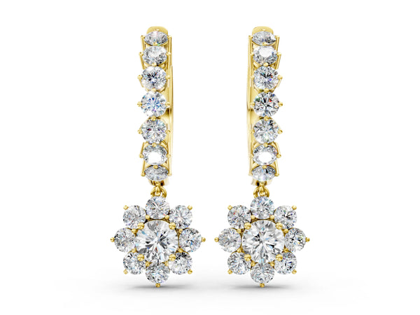 Yellow gold Round Diamond Petite Hoop Earrings with Sunflower Drop