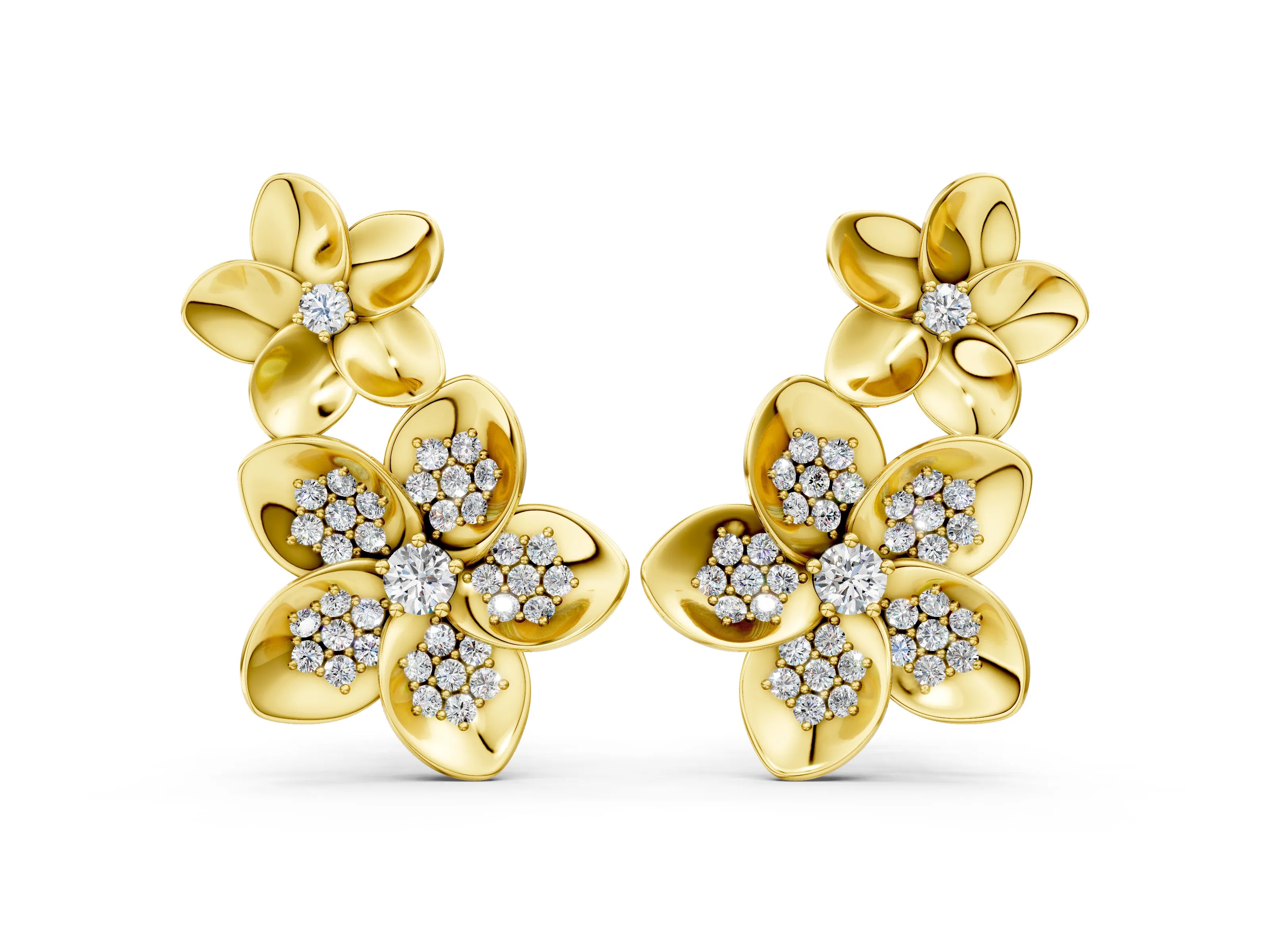 Yellow gold Round Diamond Plumeria Climber Earrings