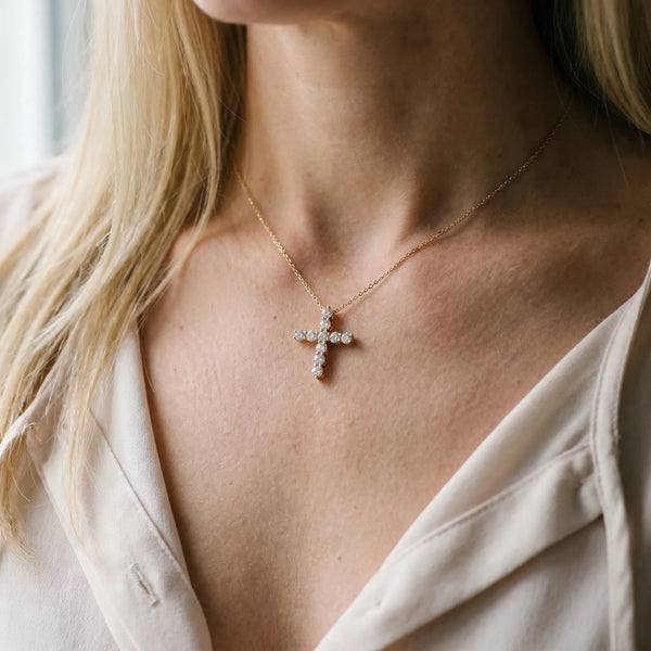 Yellow gold Round Diamond Prong-Set Cross Pendant