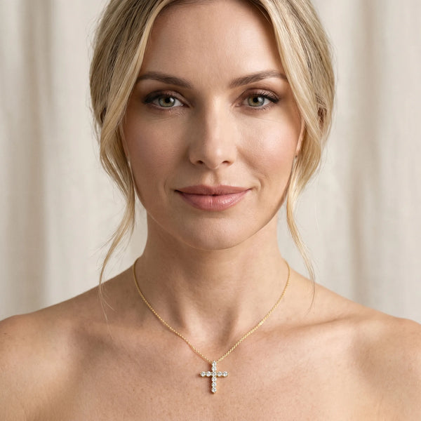 Yellow gold Round Diamond Prong-Set Cross Pendant