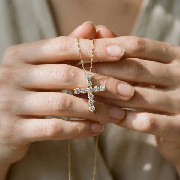 Yellow gold Round Diamond Prong-Set Cross Pendant