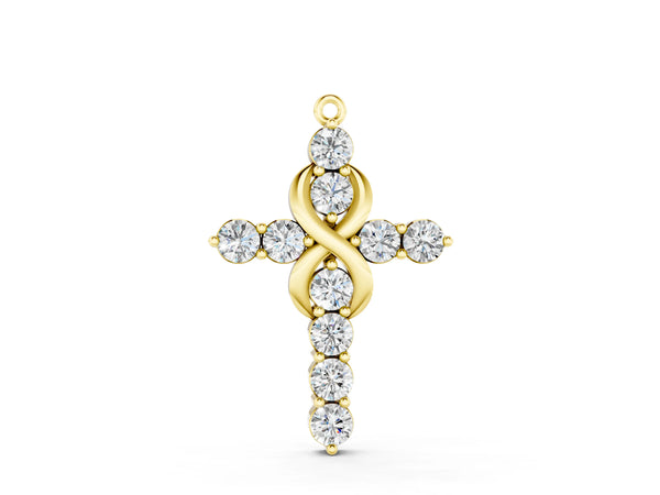 Yellow gold Round Diamond Prong Set Infinity Cross Pendant