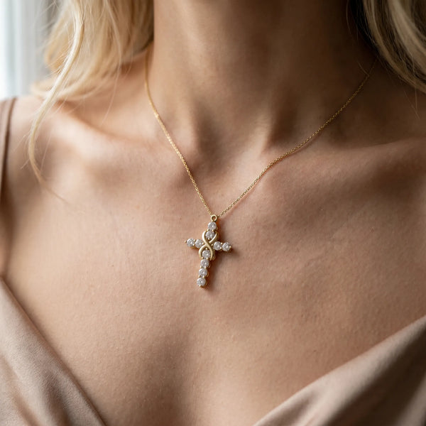 Yellow gold Round Diamond Prong Set Infinity Cross Pendant