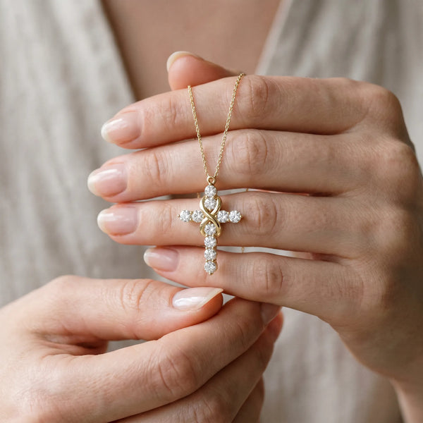 Yellow gold Round Diamond Prong Set Infinity Cross Pendant
