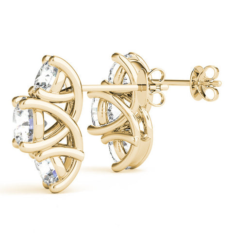 Yellow gold Round Diamond Prong Set Three-Stone White Gold Earrings 1