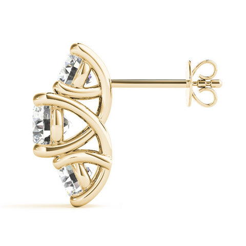 Yellow gold Round Diamond Prong Set Three-Stone White Gold Earrings 3