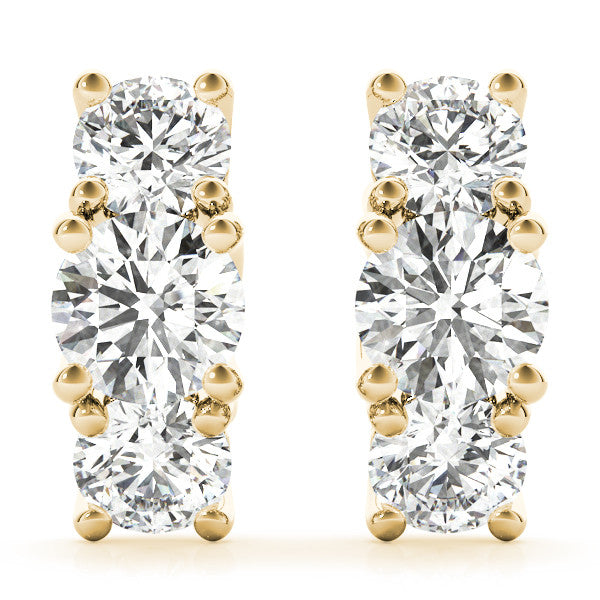 Yellow gold Round Diamond Prong Set Three-Stone White Gold Earrings
