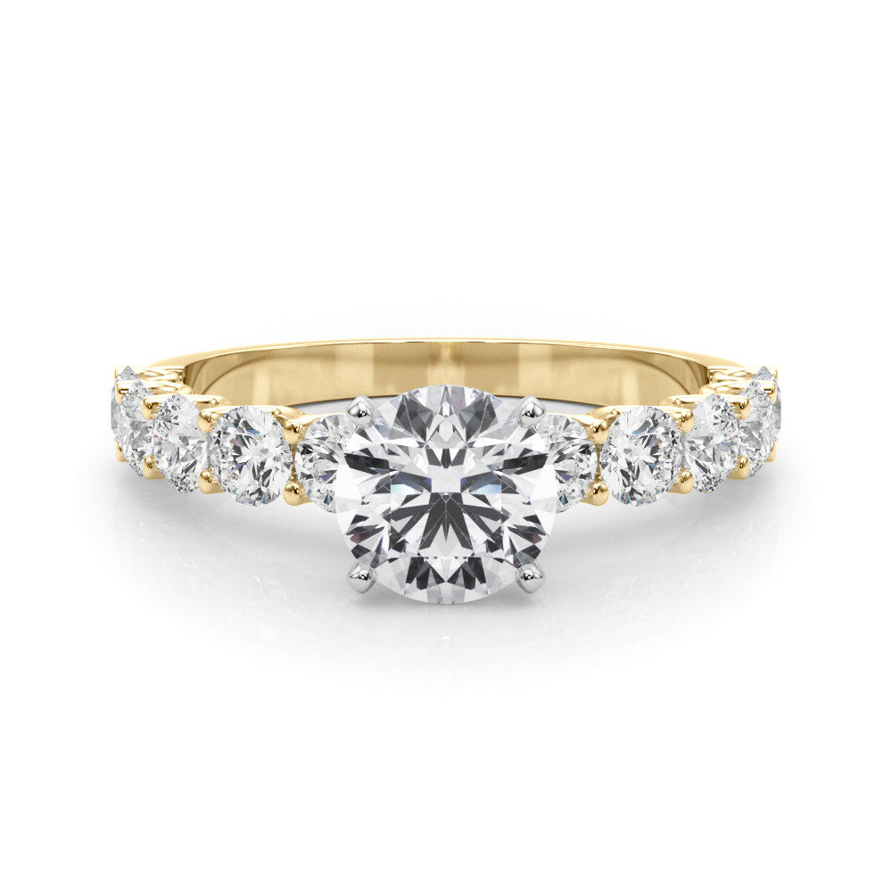 Yellow gold Round Diamond Prong Setting with Side Stones on a Pave Band 1