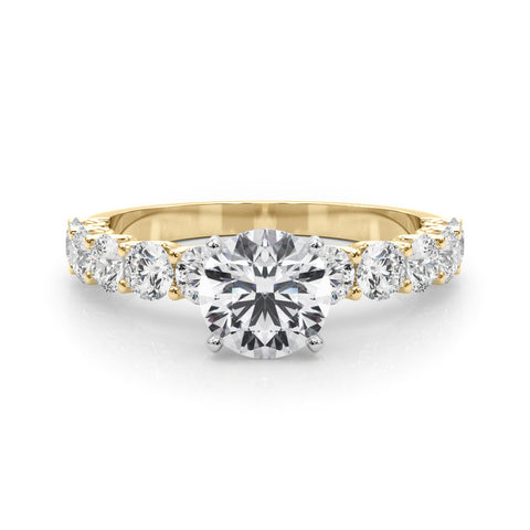 Yellow gold Round Diamond Prong Setting with Side Stones on a Pave Band 1