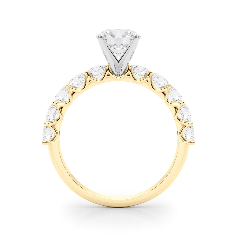Yellow gold Round Diamond Prong Setting with Side Stones on a Pave Band 2