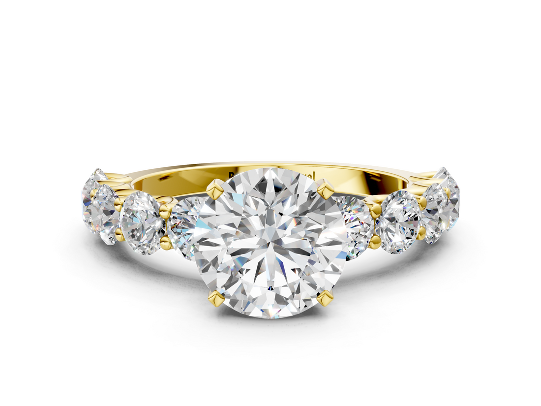 Yellow gold Round Diamond Prong Setting with Side Stones on a Pave Band_135