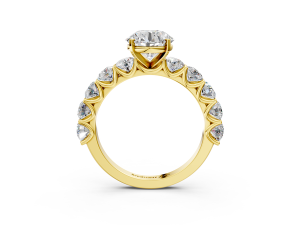 Yellow gold Round Cut Diamond Prong Setting with Side Stones on a Pave Band