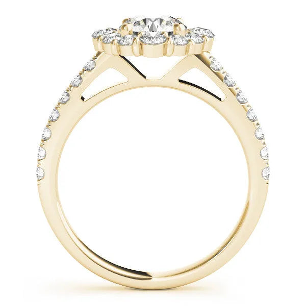 Yellow gold Round Diamond Scalloped Halo Ring with Pavé Band and Four-Prong Setting