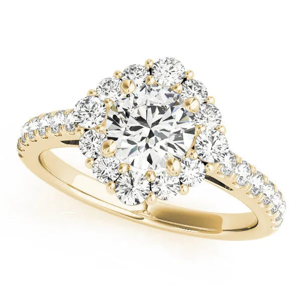 Yellow gold Round Diamond Scalloped Halo Ring with Pavé Band and Four-Prong Setting