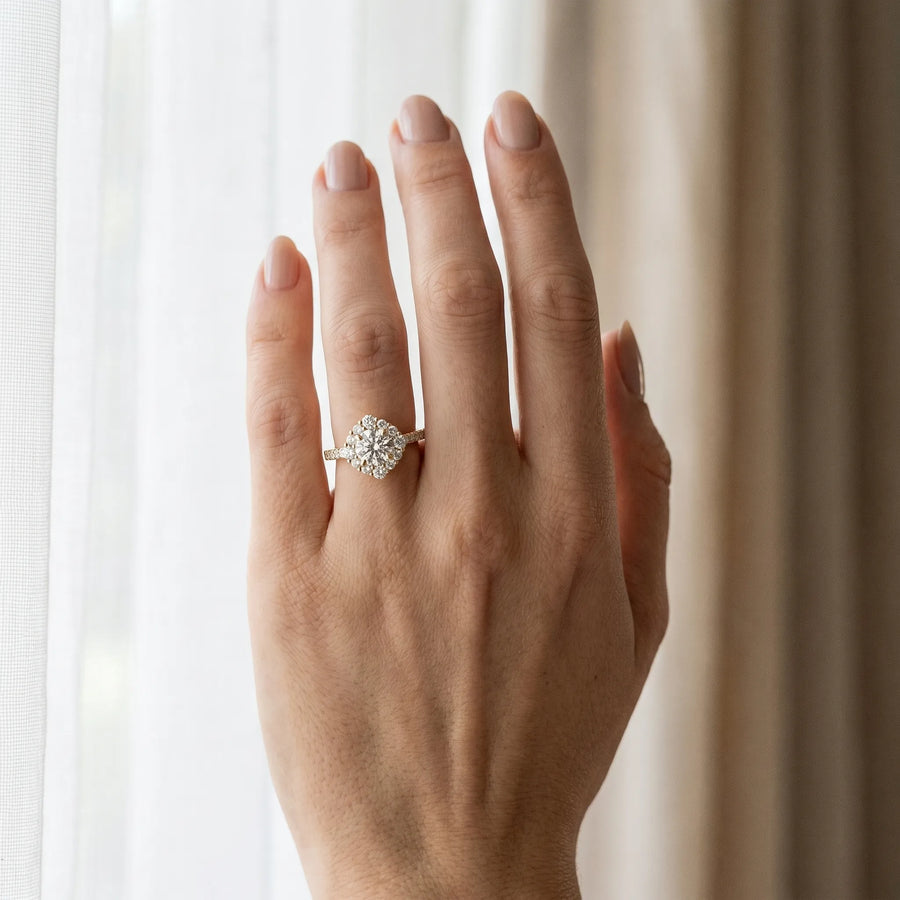 Yellow gold Round Diamond Scalloped Halo Ring with Pavé Band and Four-Prong Setting