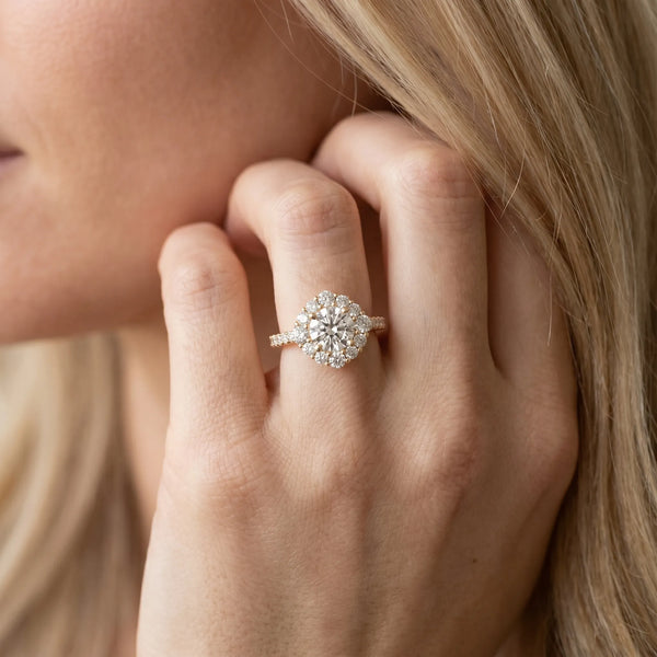 Yellow gold Round Diamond Scalloped Halo Ring with Pavé Band and Four-Prong Setting
