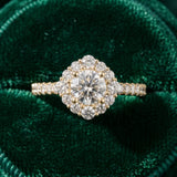 Yellow gold Round Diamond Scalloped Halo Ring with Pavé Band and Four-Prong Setting_15