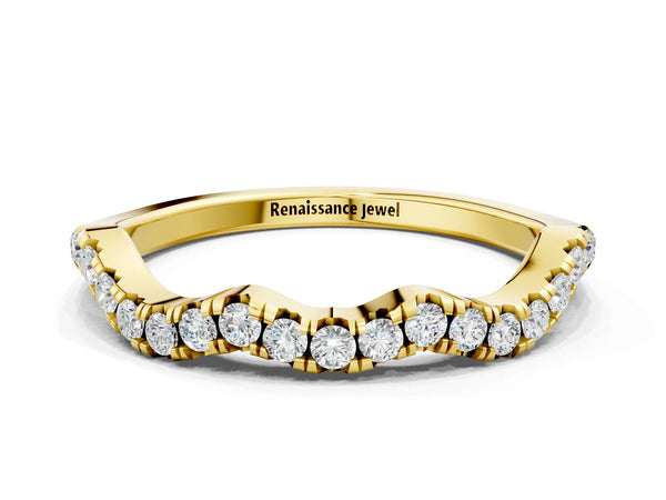 Yellow gold Round Diamond Scalloped Pavé Wedding Band with Shared Prong Setting