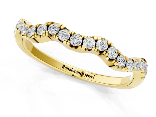 Yellow gold Round Diamond Scalloped Pavé Wedding Band with Shared Prong Setting