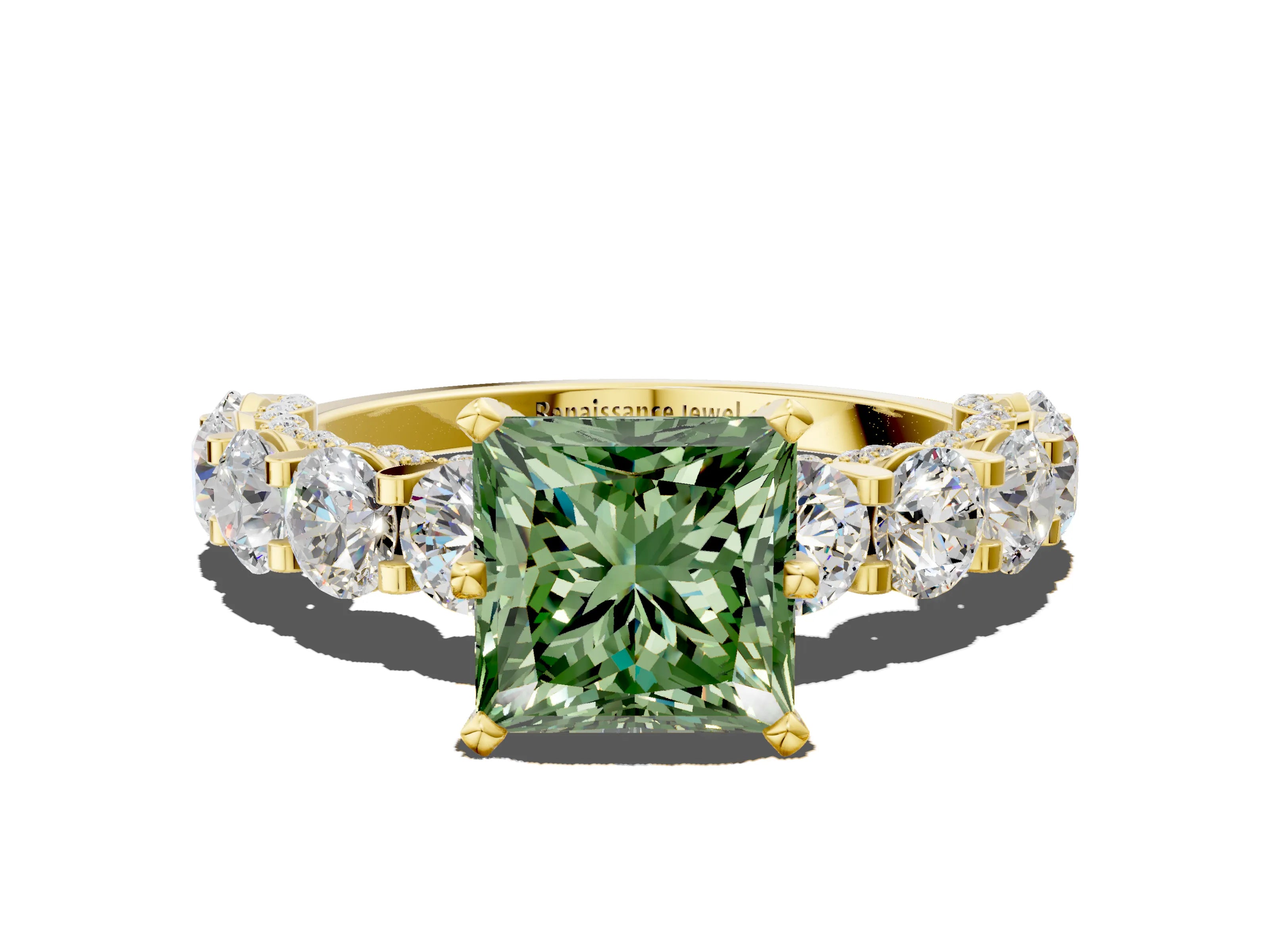 Yellow gold Round Diamond Side Stone Engagement Ring with Six-Prong Setting