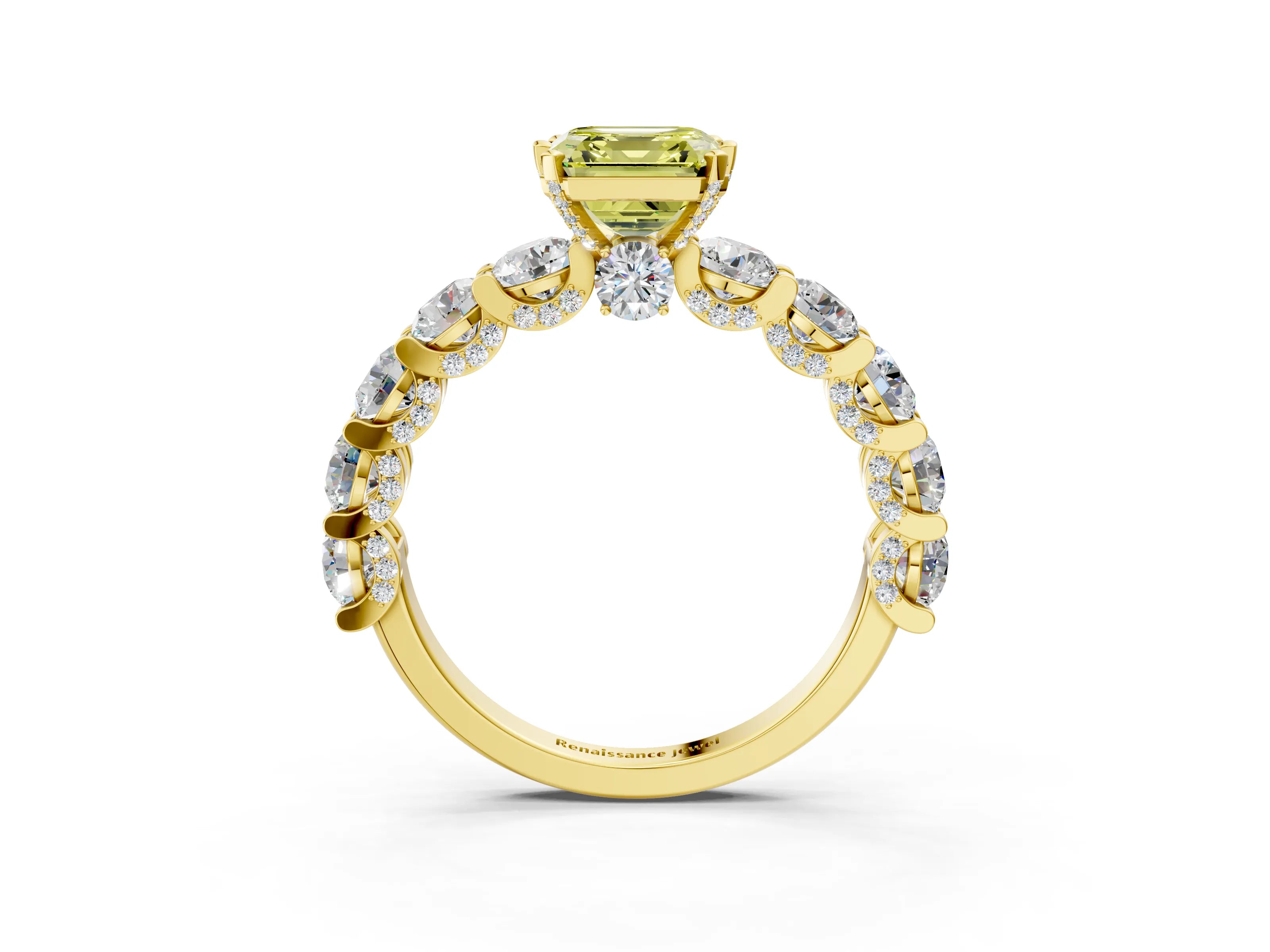 Yellow gold Round Diamond Side Stone Engagement Ring with Six-Prong Setting_10