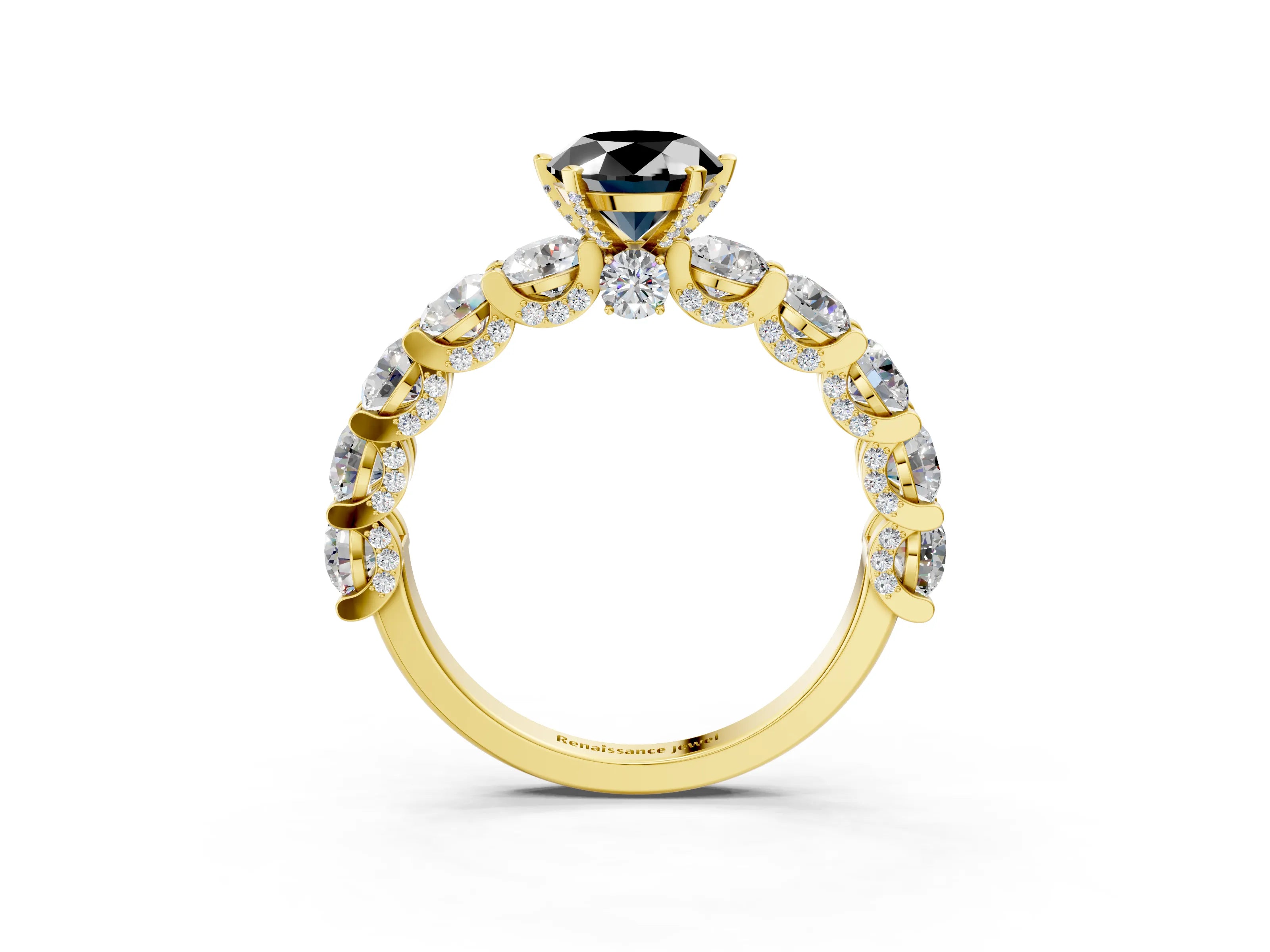 Yellow gold Round Diamond Side Stone Engagement Ring with Six-Prong Setting_11