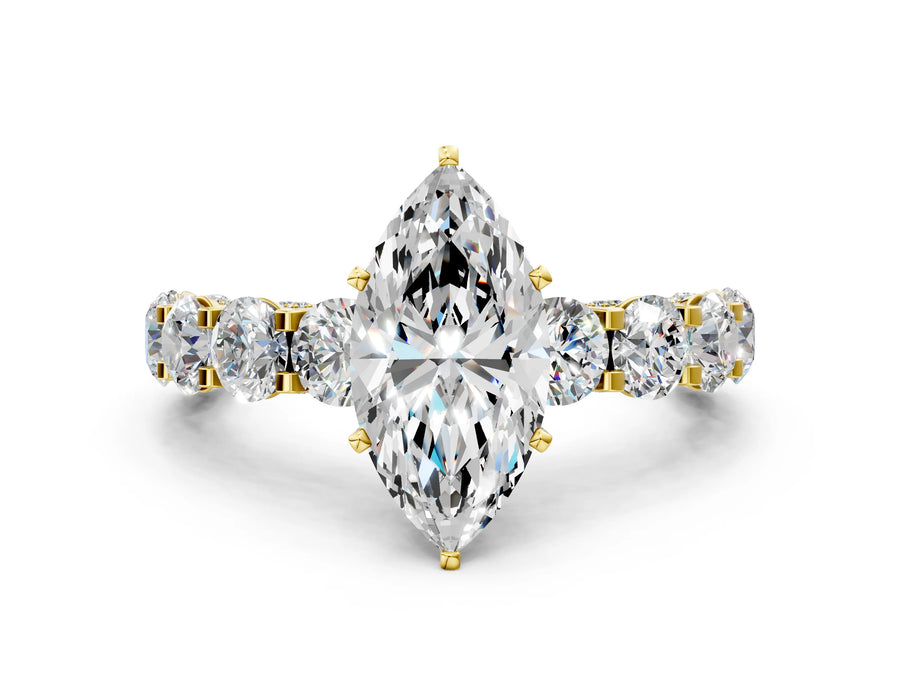 Yellow gold Round Diamond Side Stone Engagement Ring with Six-Prong Setting