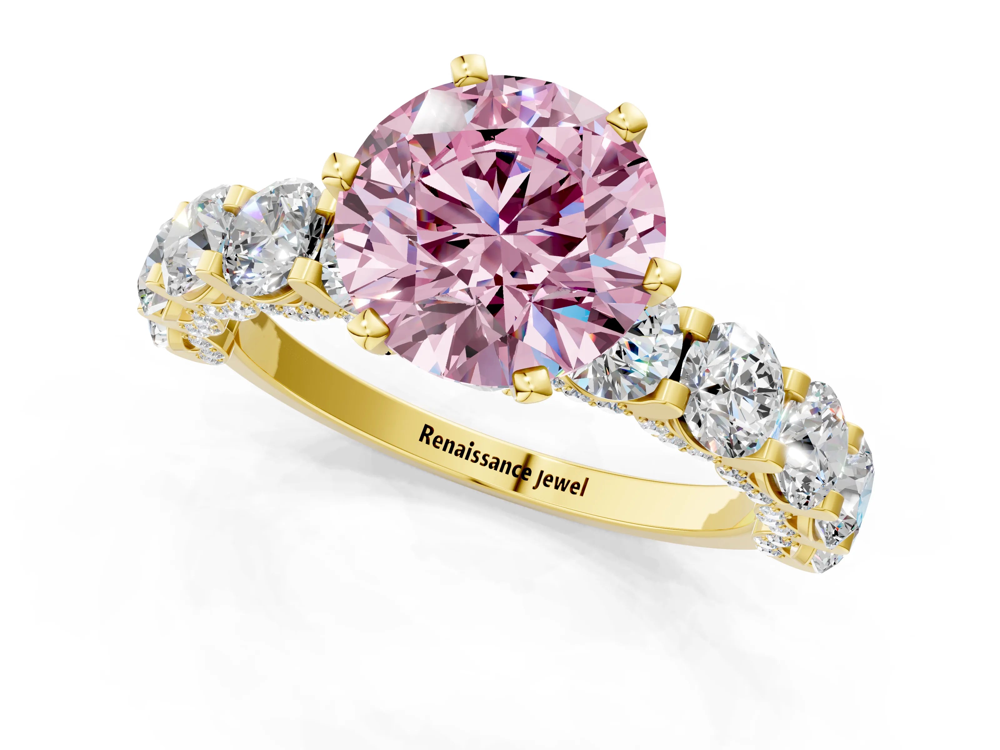 Yellow gold Round Diamond Side Stone Engagement Ring with Six-Prong Setting_1