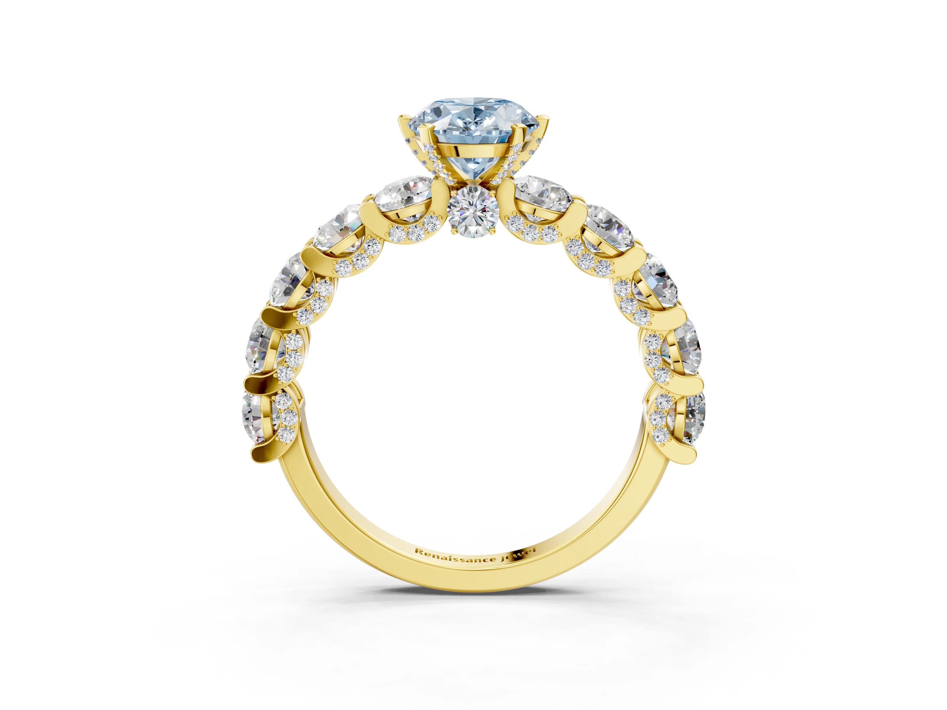 Yellow gold Round Diamond Side Stone Engagement Ring with Six-Prong Setting_26