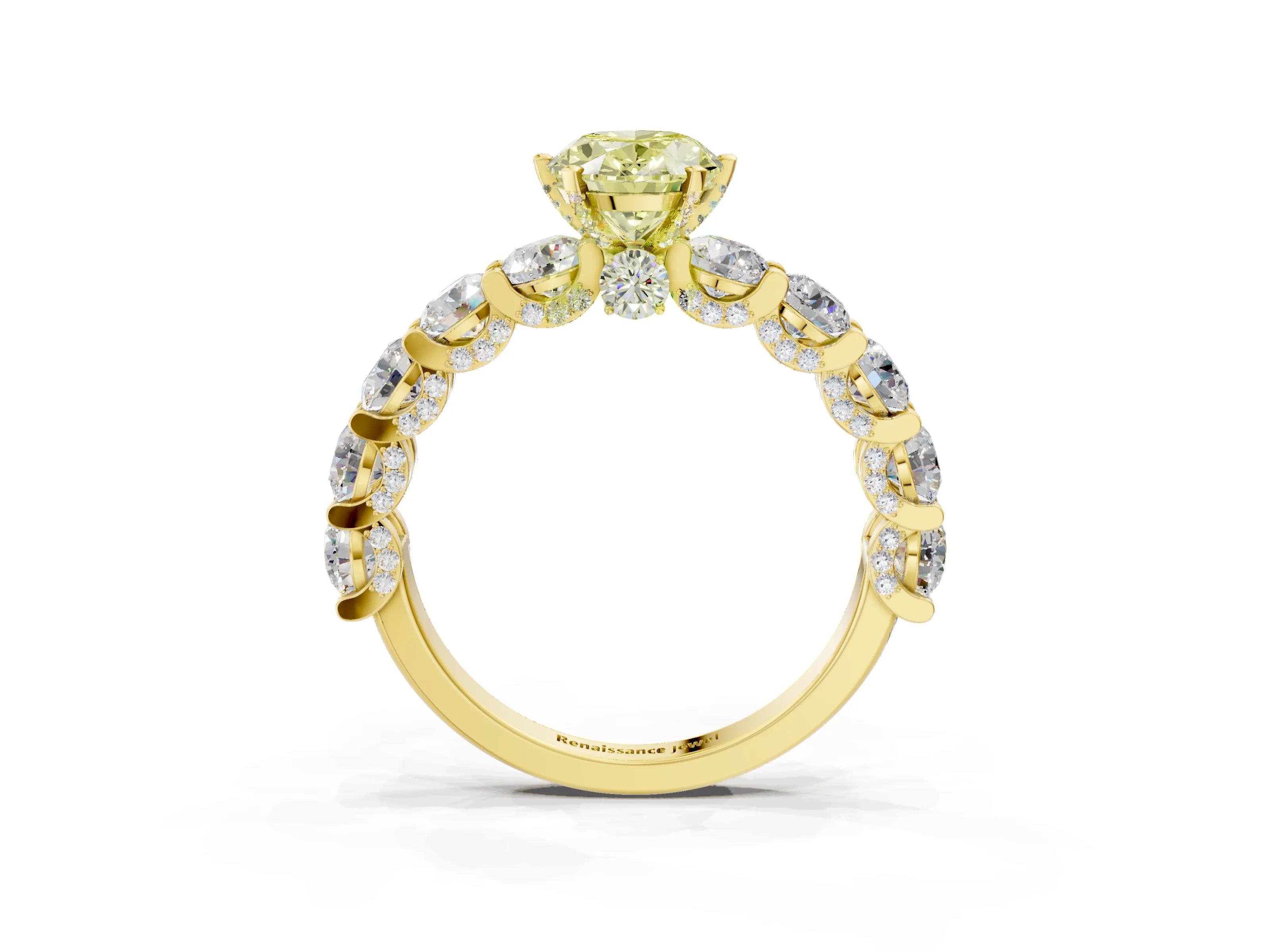 Yellow gold Round Diamond Side Stone Engagement Ring with Six-Prong Setting_27