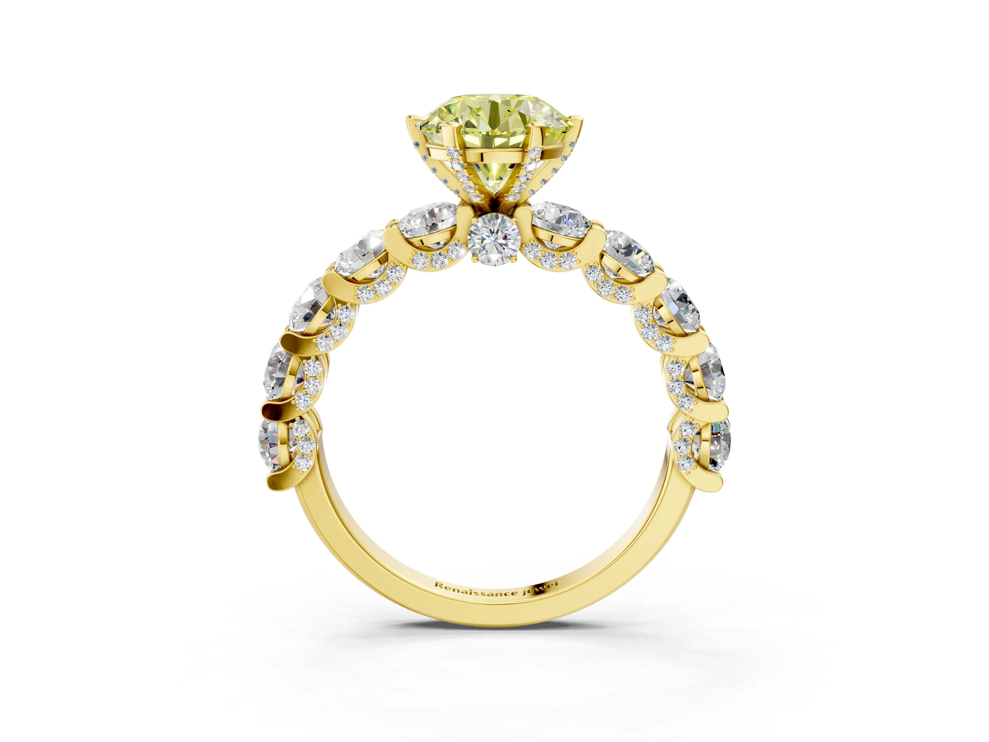 Yellow gold Round Diamond Side Stone Engagement Ring with Six-Prong Setting_3