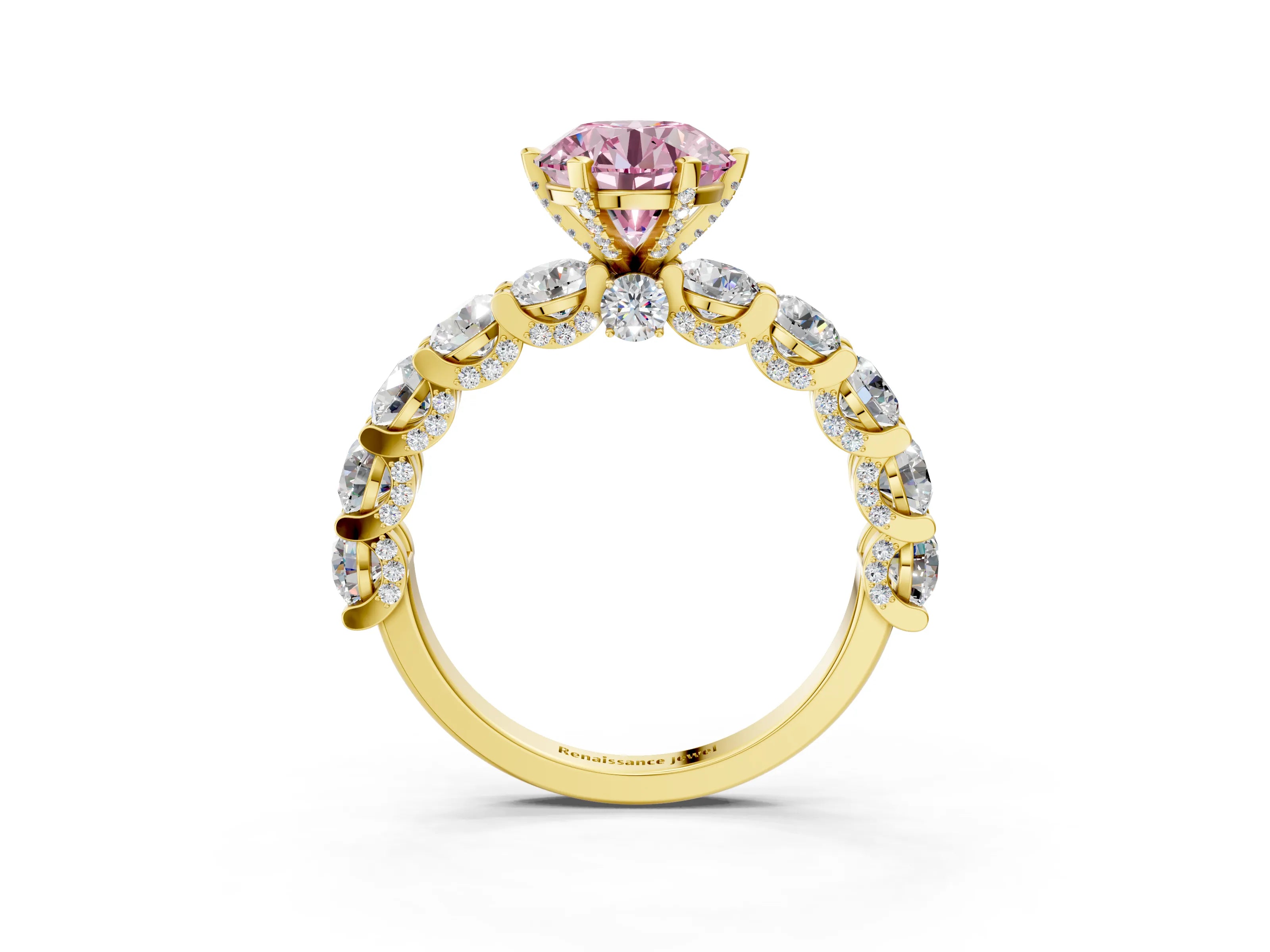 Yellow gold Round Diamond Side Stone Engagement Ring with Six-Prong Setting_3