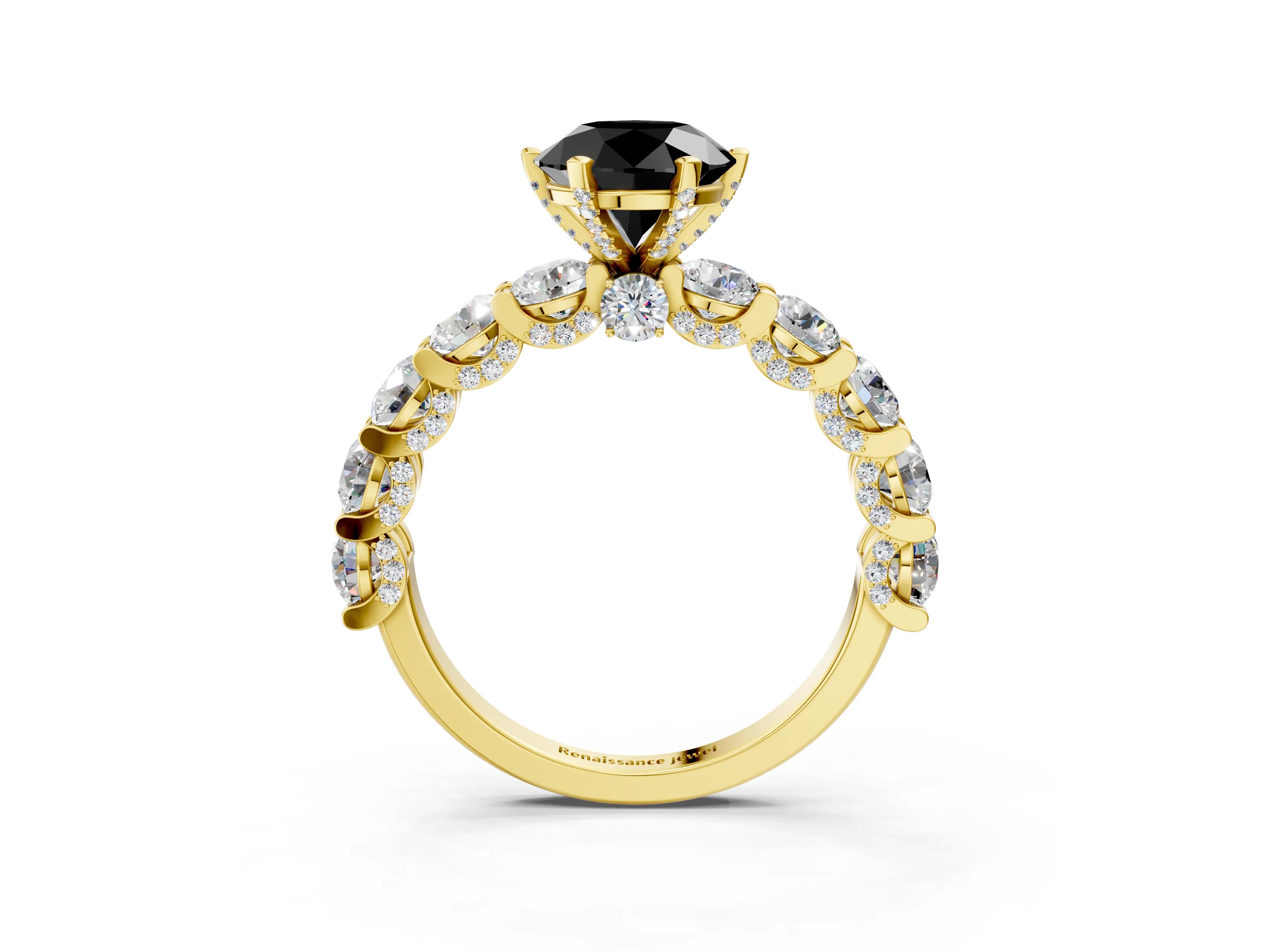 Yellow gold Round Diamond Side Stone Engagement Ring with Six-Prong Setting_3