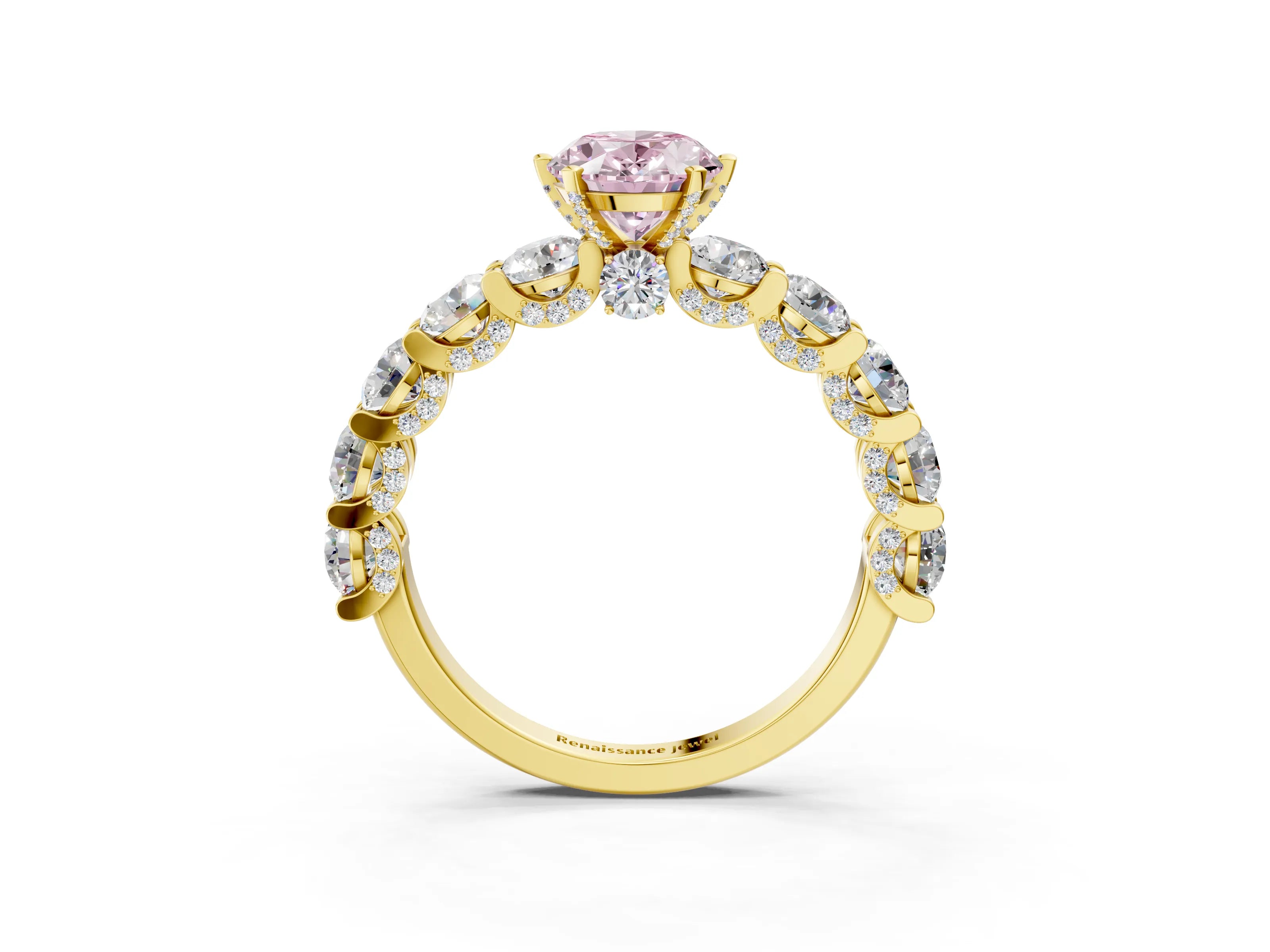 Yellow gold Round Diamond Side Stone Engagement Ring with Six-Prong Setting_3