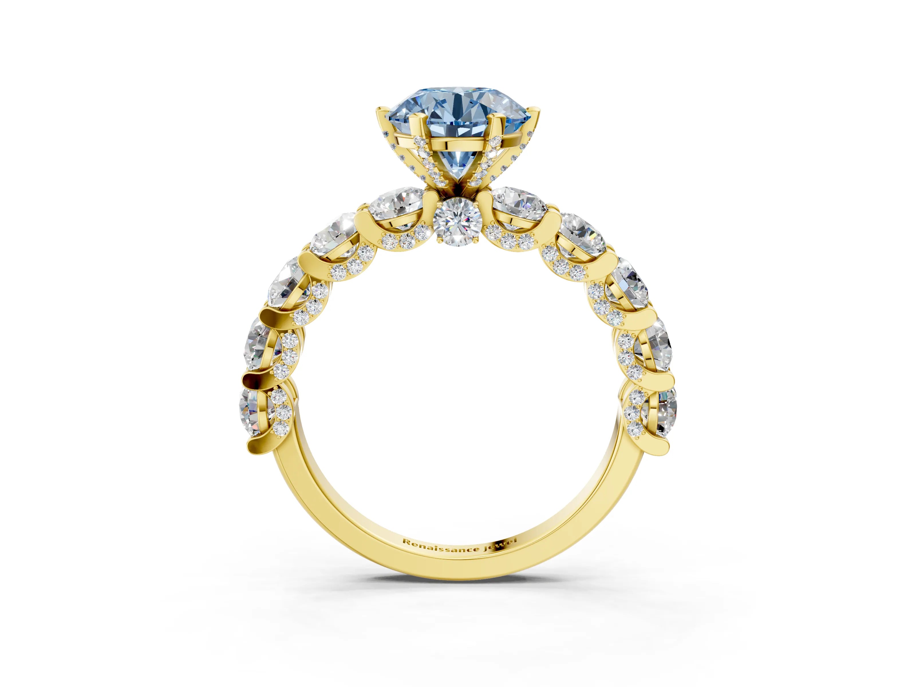 Yellow gold Round Diamond Side Stone Engagement Ring with Six-Prong Setting_3