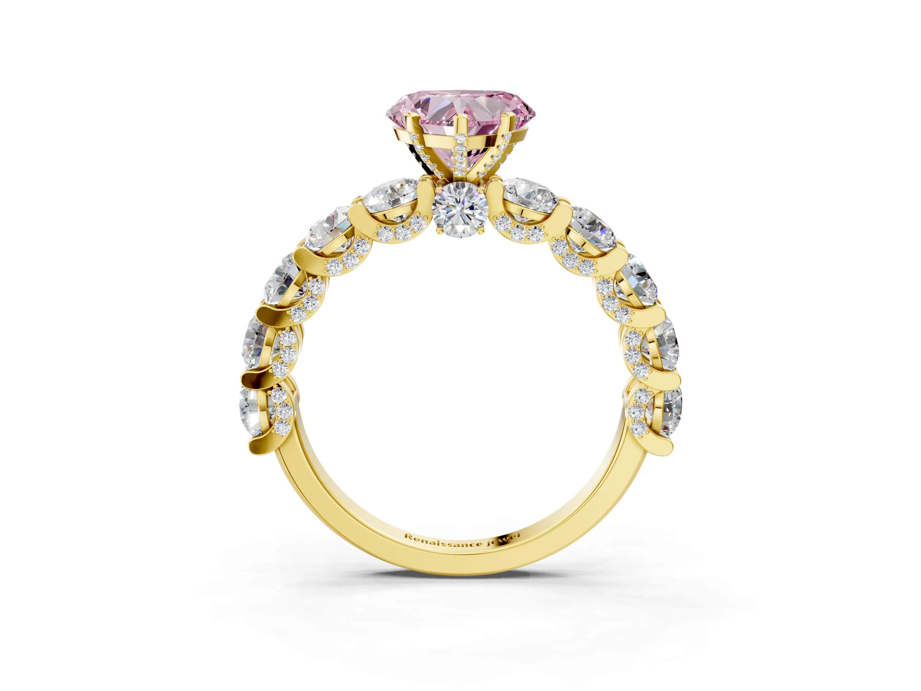 Yellow gold Round Diamond Side Stone Engagement Ring with Six-Prong Setting_3