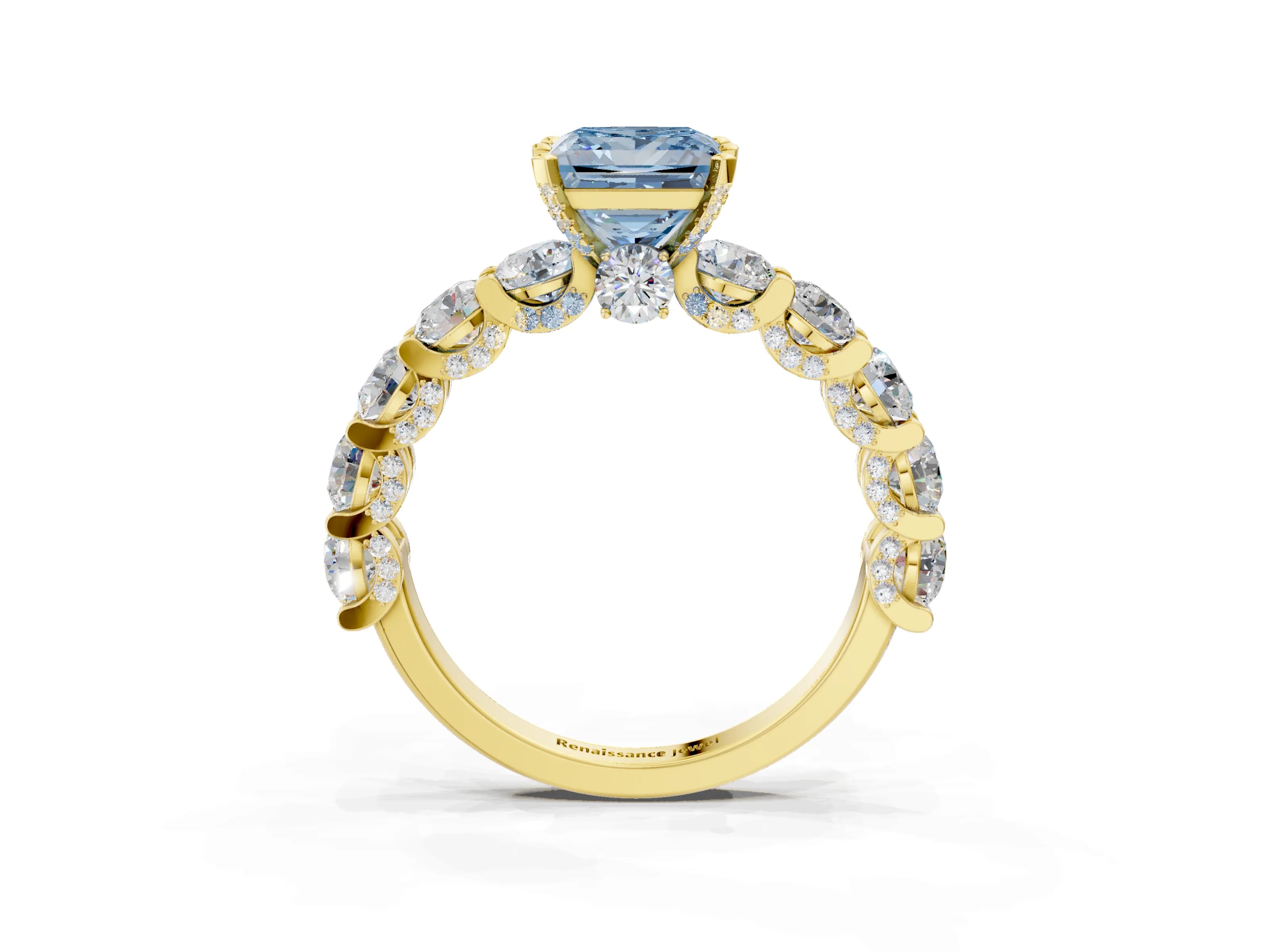 Yellow gold Round Diamond Side Stone Engagement Ring with Six-Prong Setting_3