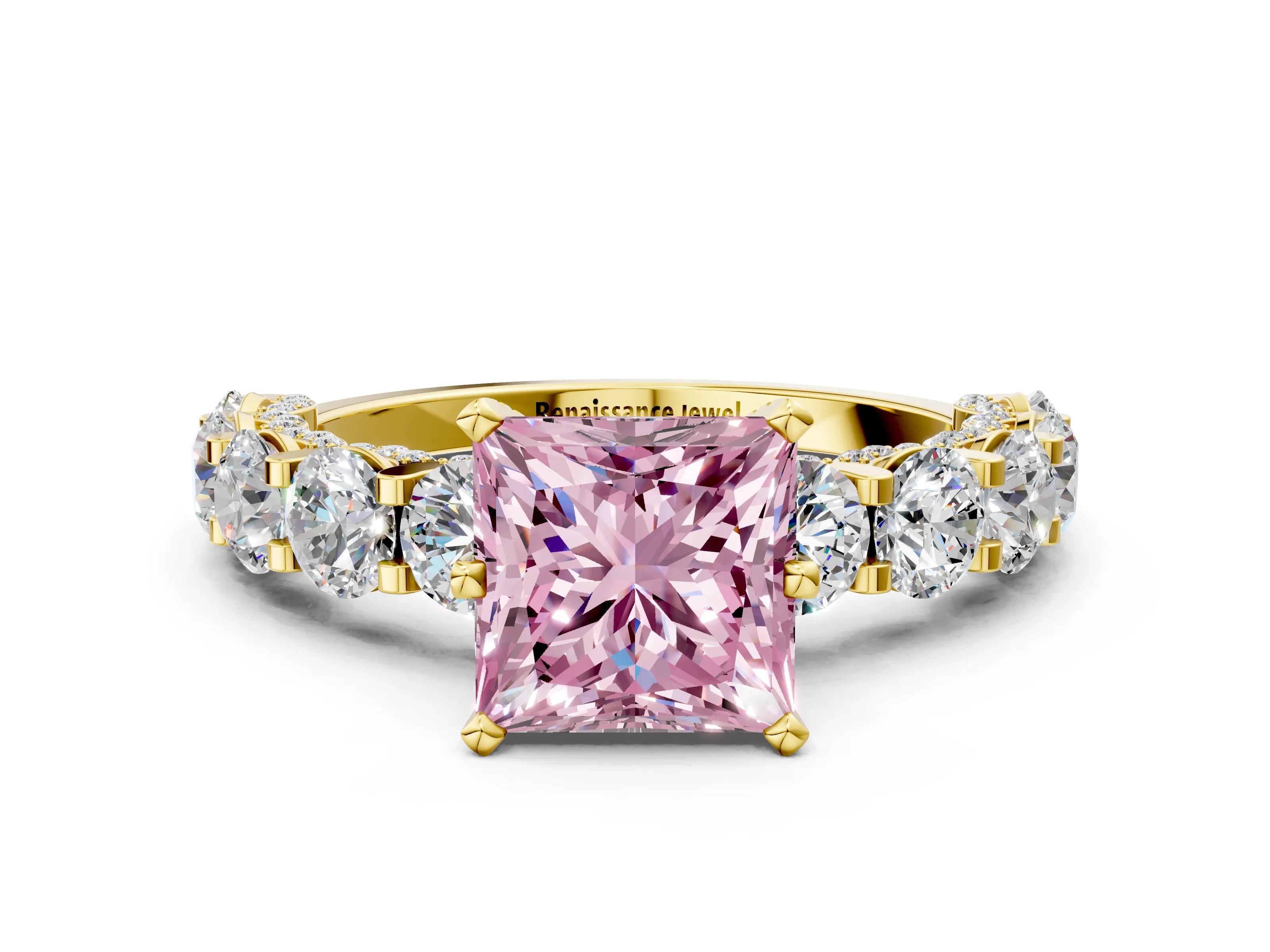 Yellow gold Round Diamond Side Stone Engagement Ring with Six-Prong Setting