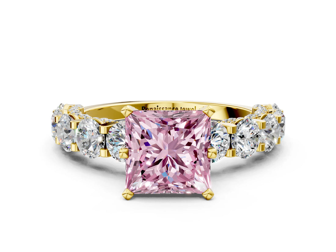 Yellow gold Round Diamond Side Stone Engagement Ring with Six-Prong Setting