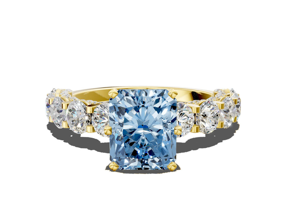 Yellow gold Round Diamond Side Stone Engagement Ring with Six-Prong Setting