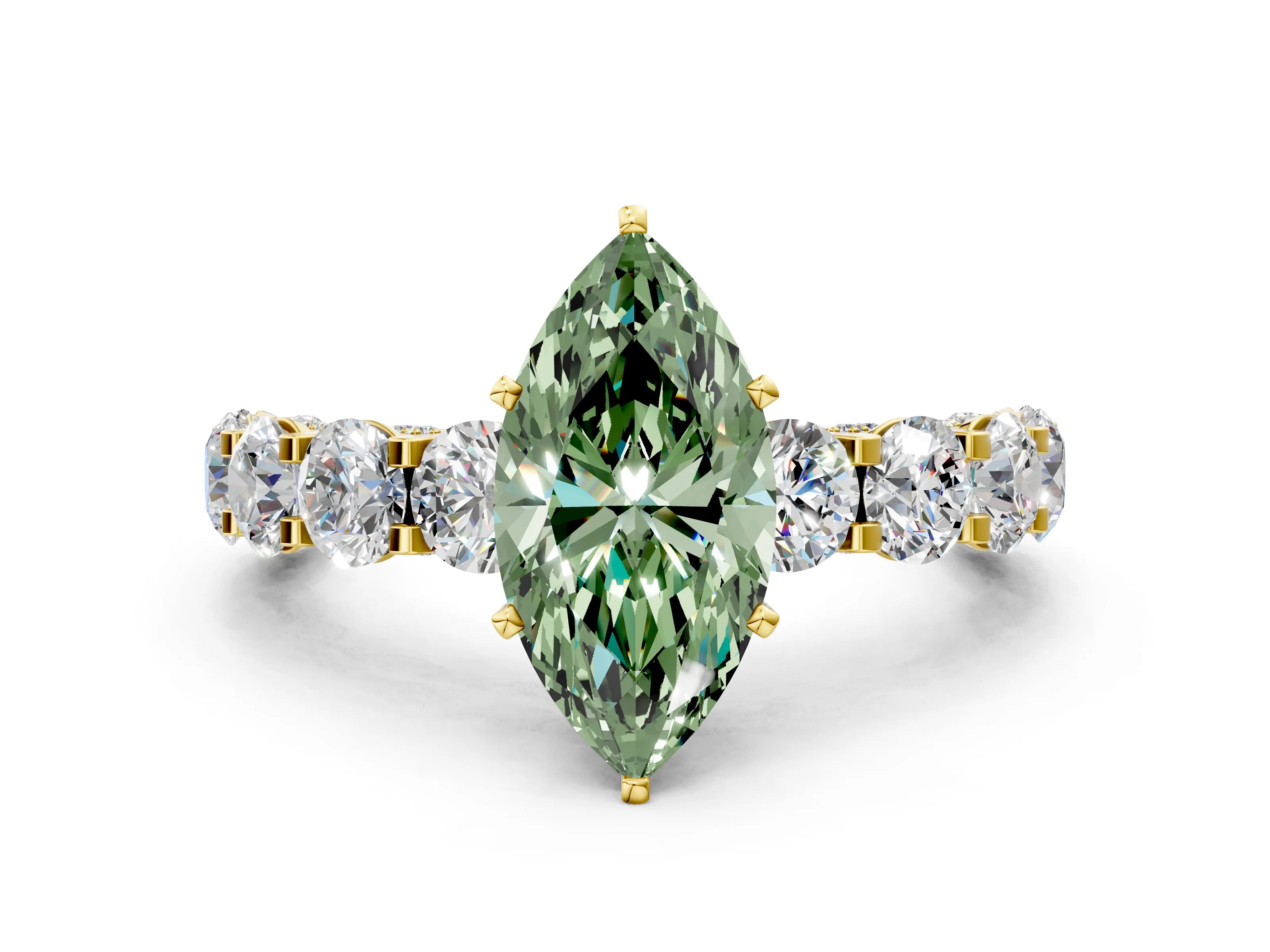Yellow gold Round Diamond Side Stone Engagement Ring with Six-Prong Setting