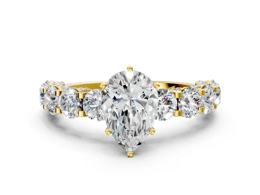 Yellow gold Round Diamond Side Stone Engagement Ring with Six-Prong Setting