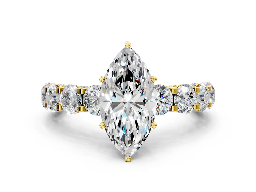 Yellow gold Round Diamond Side Stone Engagement Ring with Six-Prong Setting