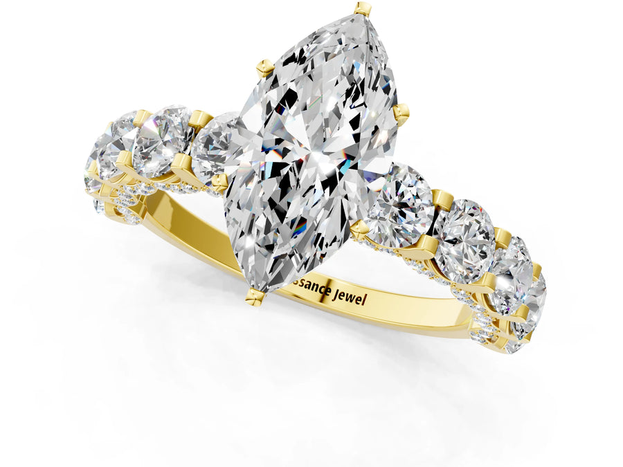 Yellow gold Round Diamond Side Stone Engagement Ring with Six-Prong Setting