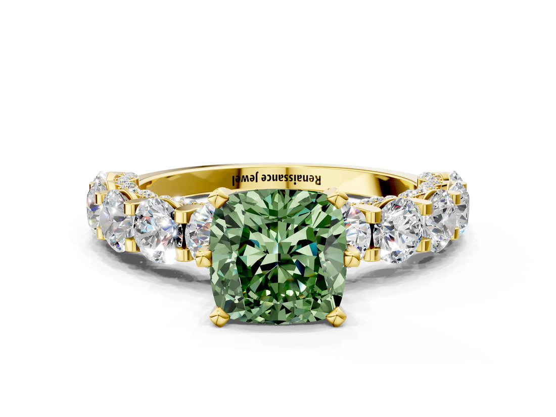 Yellow gold Round Diamond Side Stone Engagement Ring with Six-Prong Setting